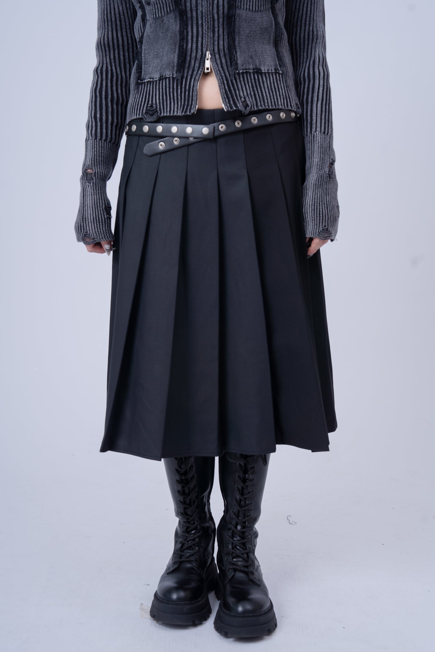 Dark Grey Pleated Skirt with Ties Belt .