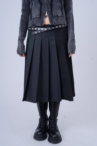 Dark Grey Pleated Skirt with Ties Belt .