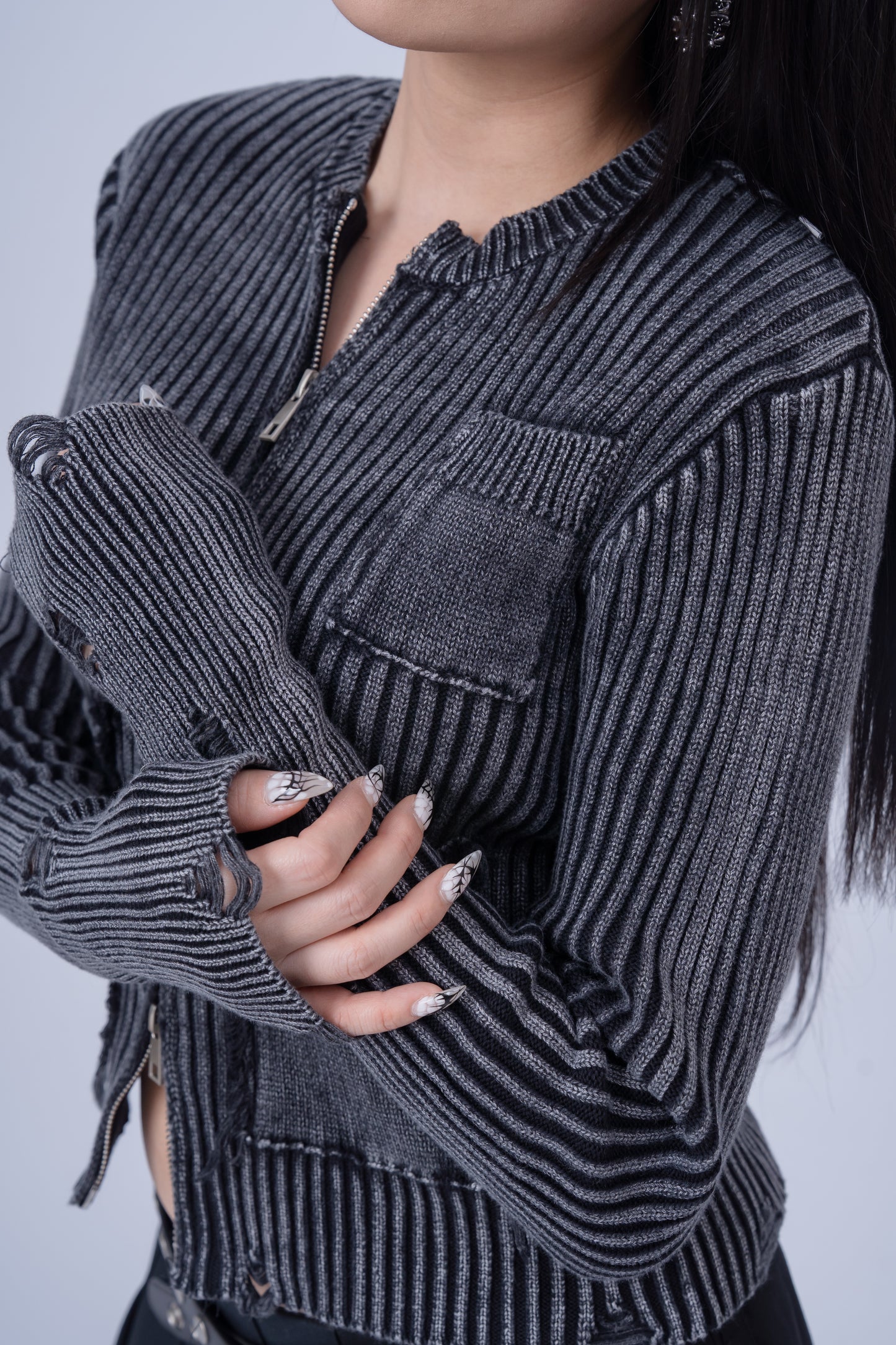 Distressed Zip Up Knit Cardigan .