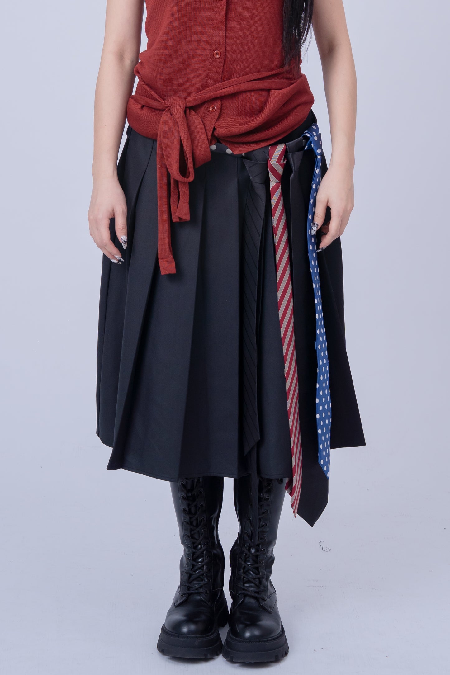 Dark Grey Pleated Skirt with Ties Belt .