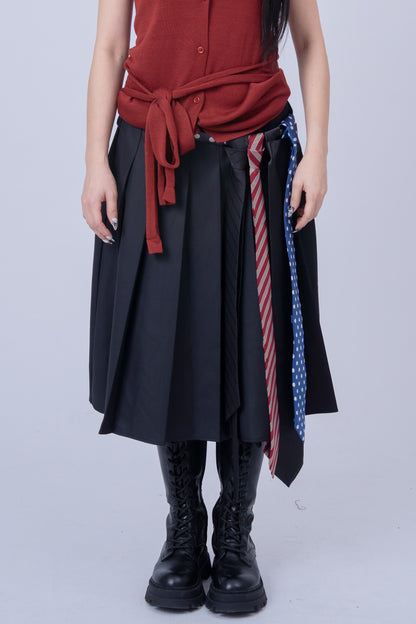 Dark Grey Pleated Skirt with Ties Belt .