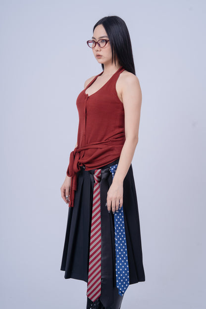 Dark Grey Pleated Skirt with Ties Belt .