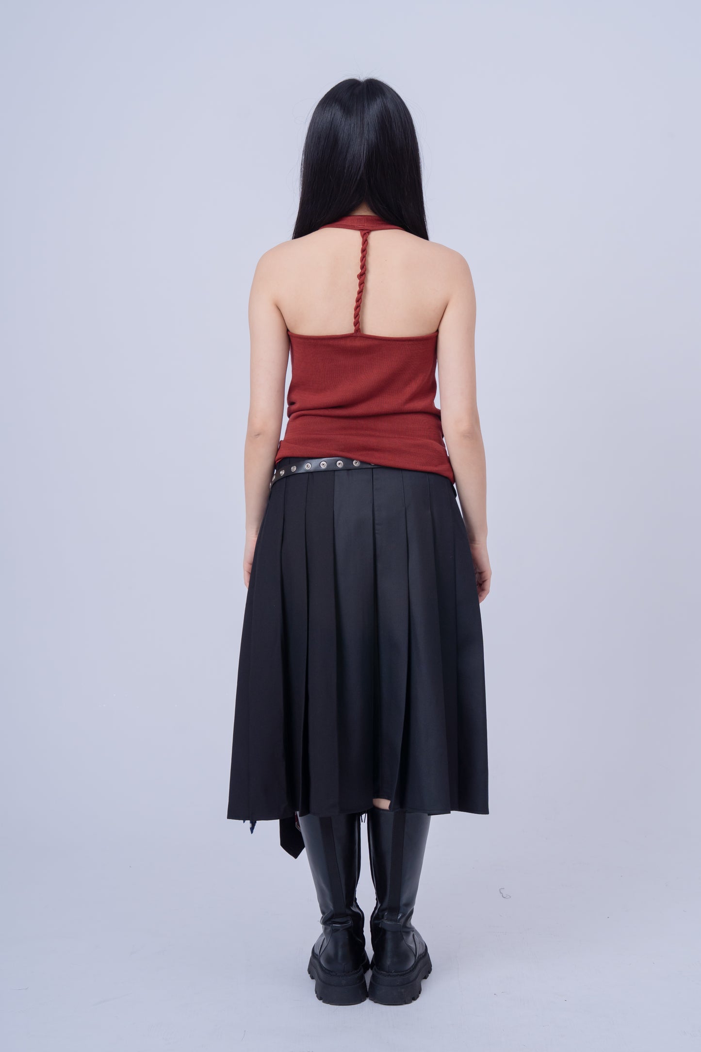Dark Grey Pleated Skirt with Ties Belt .
