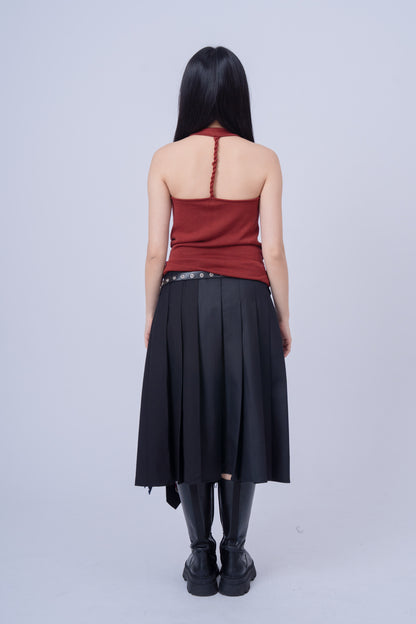 Dark Grey Pleated Skirt with Ties Belt .