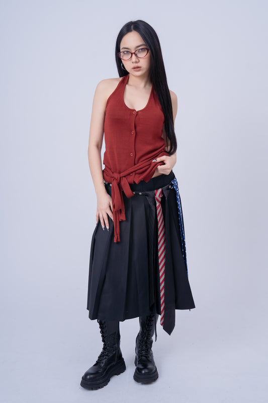 Dark Grey Pleated Skirt with Ties Belt .