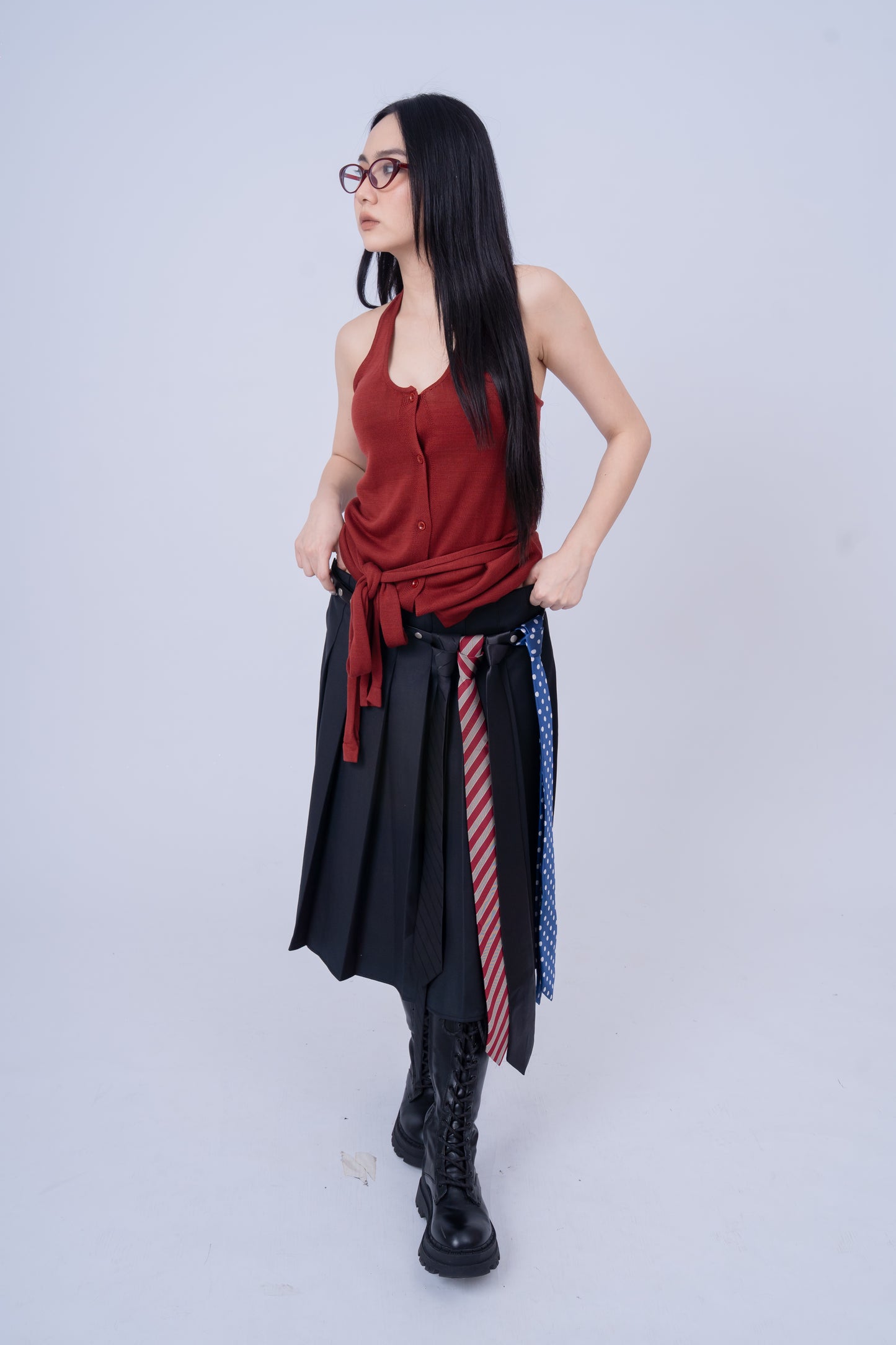 Dark Grey Pleated Skirt with Ties Belt .