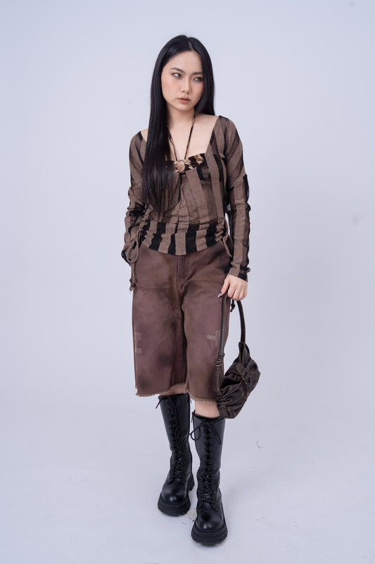 Red Brownish Washed Denim 7inch Shorts .