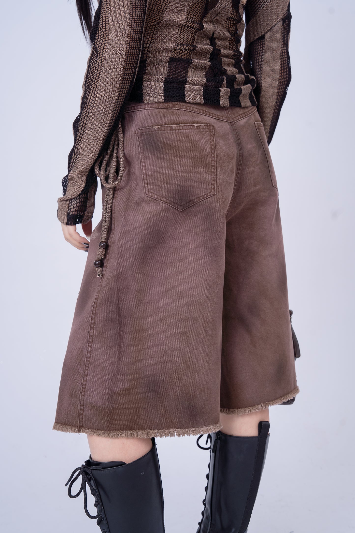 Red Brownish Washed Denim 7inch Shorts .