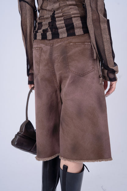 Red Brownish Washed Denim 7inch Shorts .