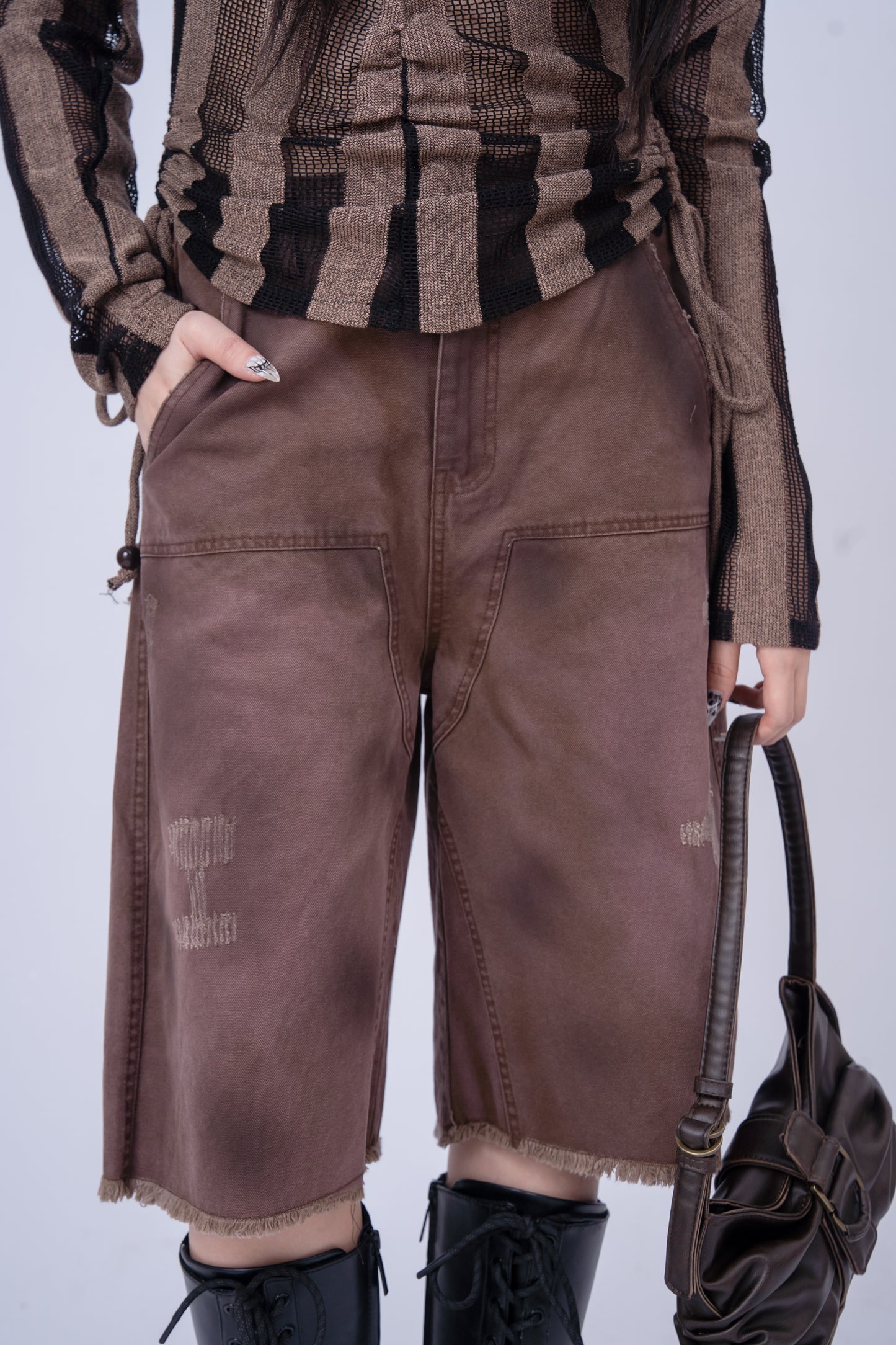 Red Brownish Washed Denim 7inch Shorts .