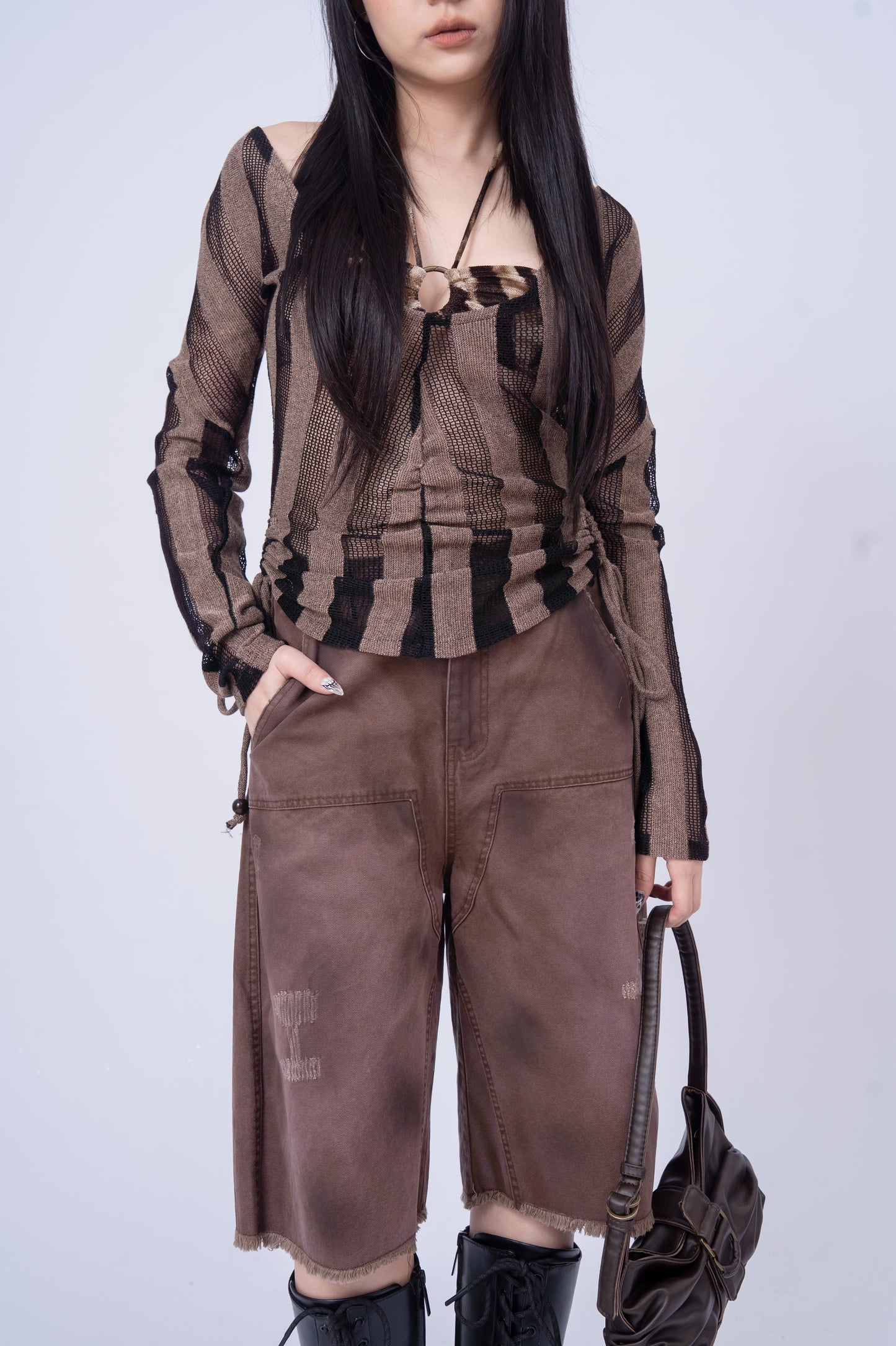 Red Brownish Washed Denim 7inch Shorts .