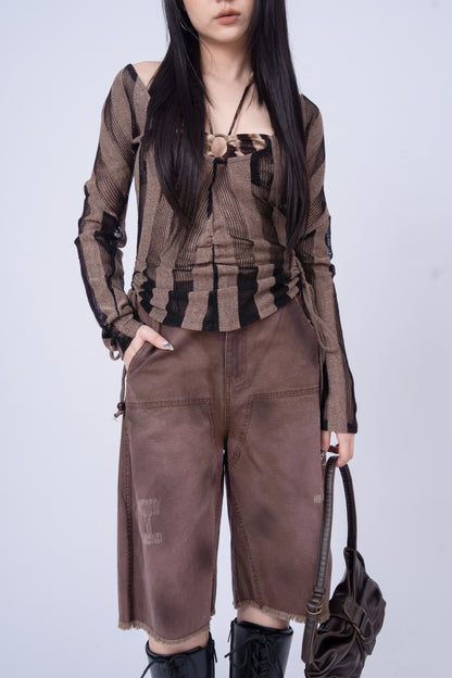 Red Brownish Washed Denim 7inch Shorts .