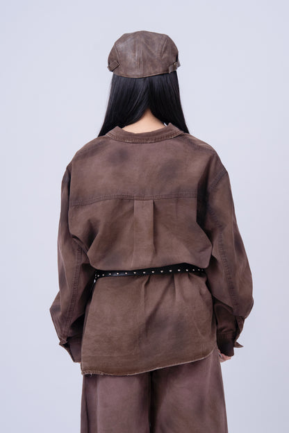 Red Brownish Washed Denim Jacket .