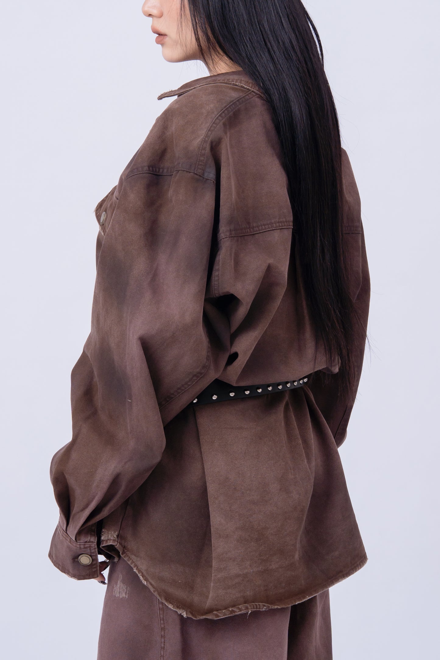 Red Brownish Washed Denim Jacket .