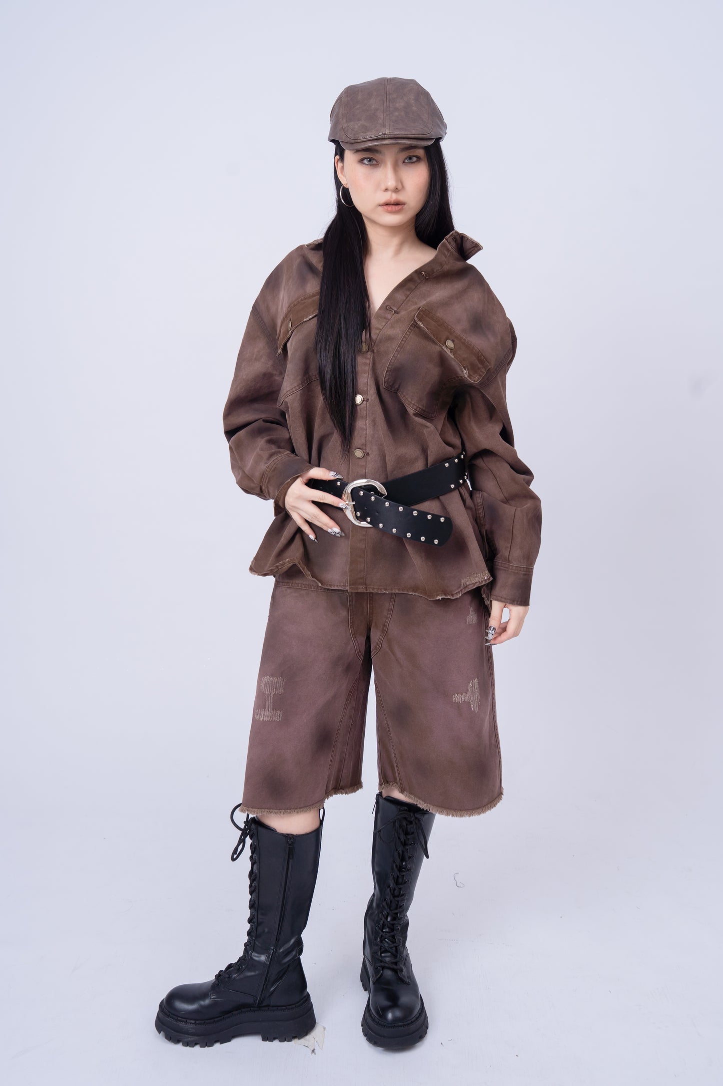 Red Brownish Washed Denim Jacket .