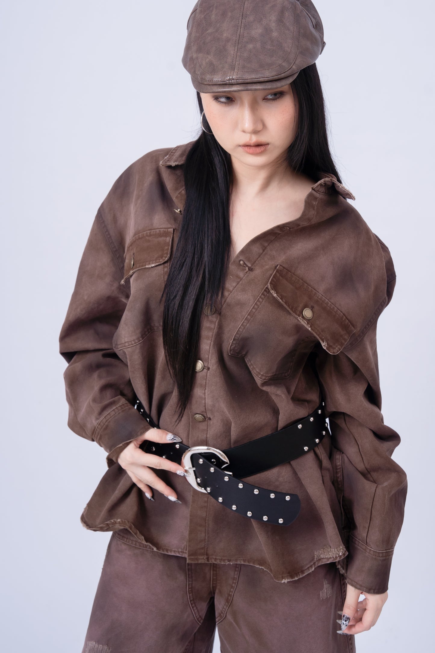 Red Brownish Washed Denim Jacket .