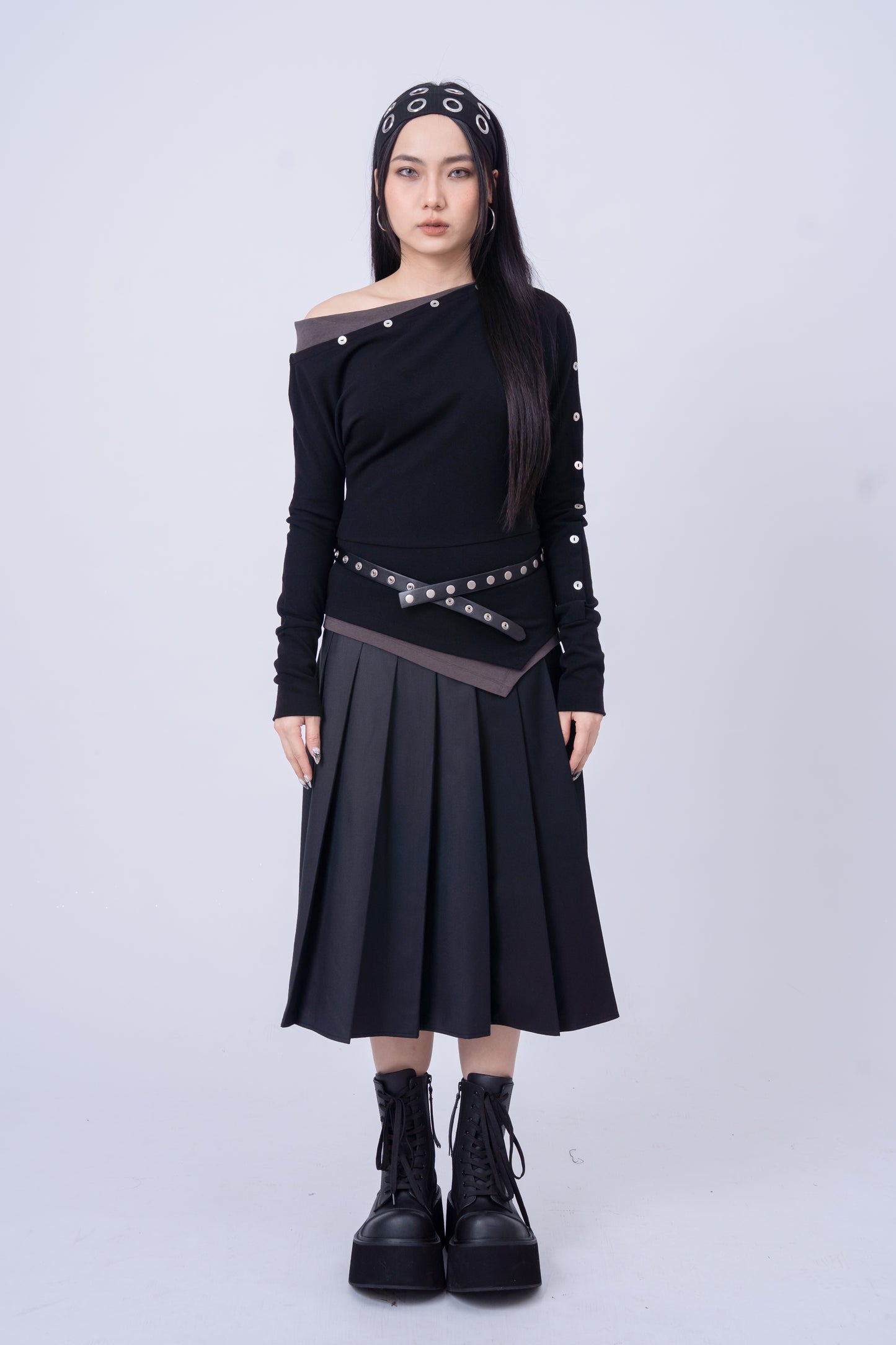 Asymmetric-Shoulder Long Sleeve Top .