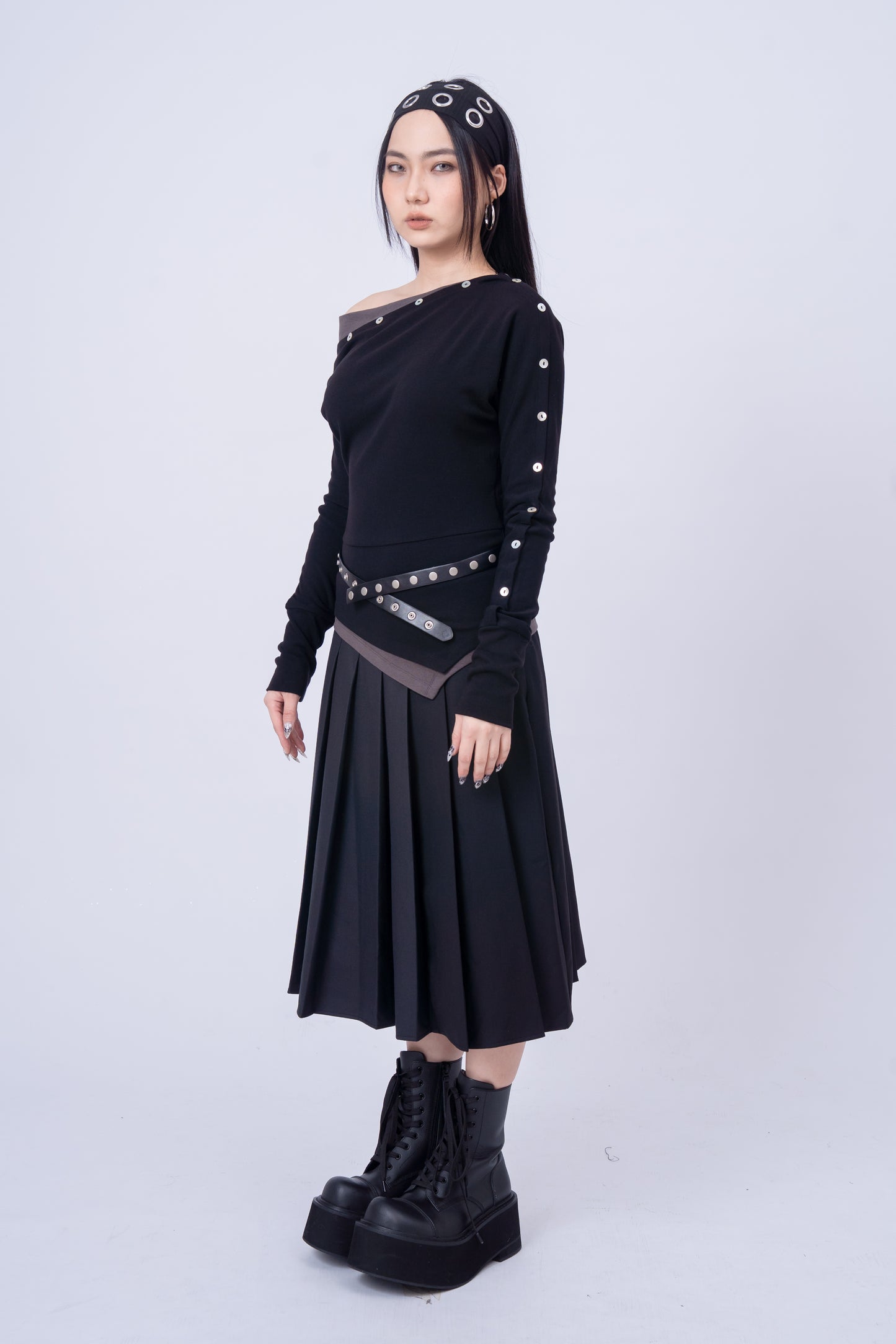 Asymmetric-Shoulder Long Sleeve Top .