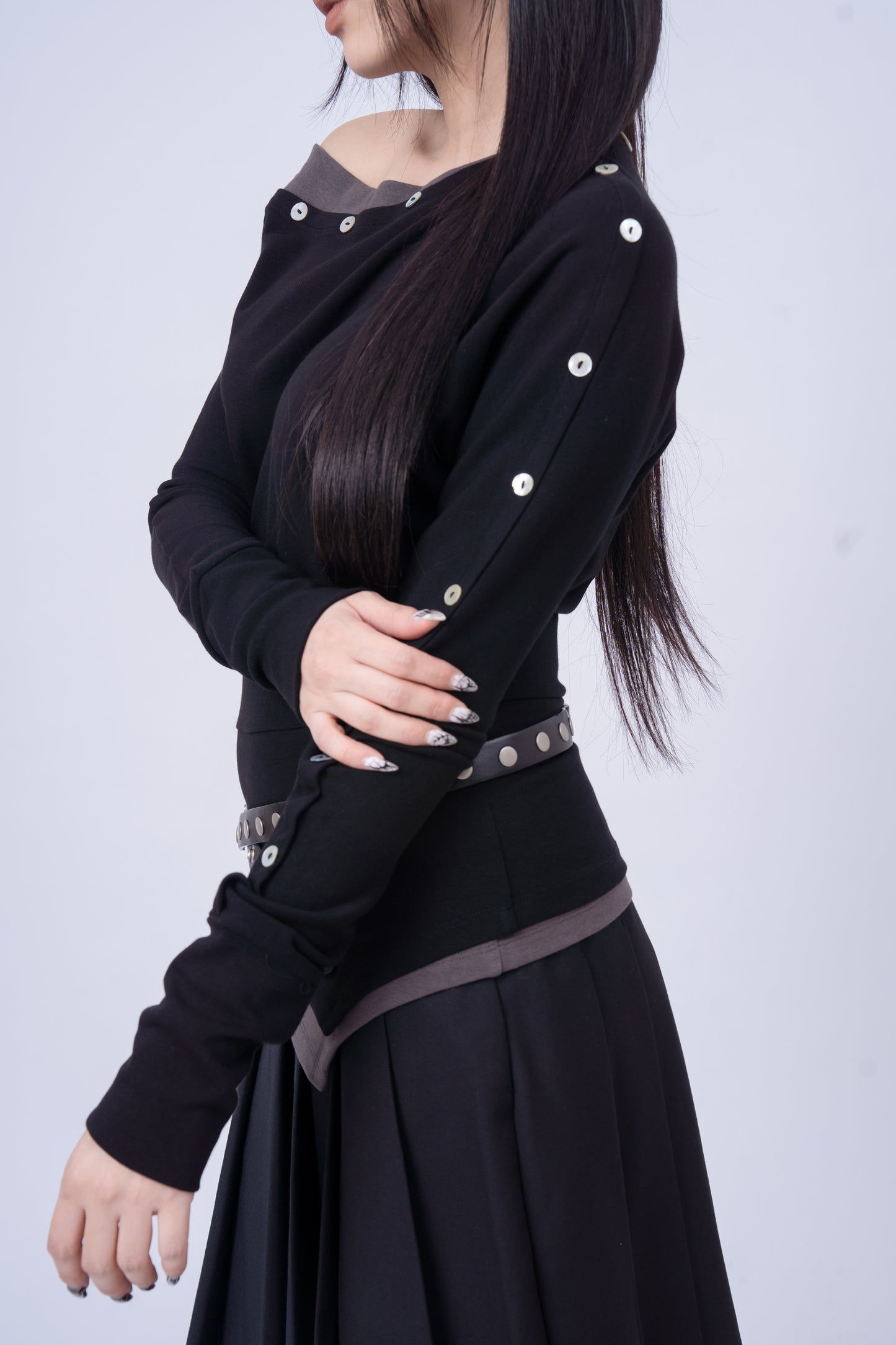 Asymmetric-Shoulder Long Sleeve Top .