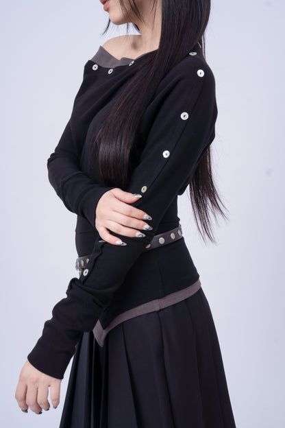Asymmetric-Shoulder Long Sleeve Top .