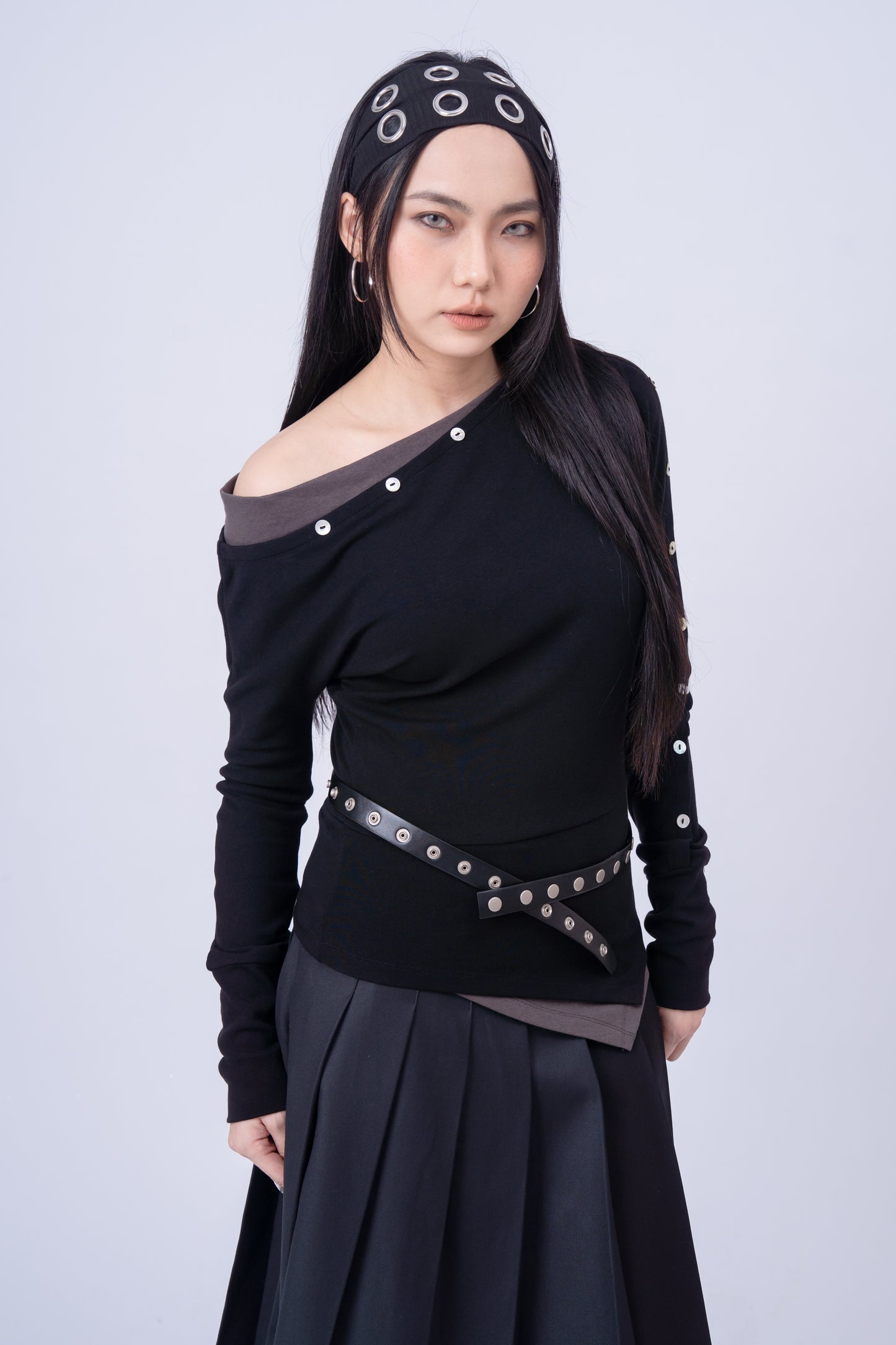 Asymmetric-Shoulder Long Sleeve Top .